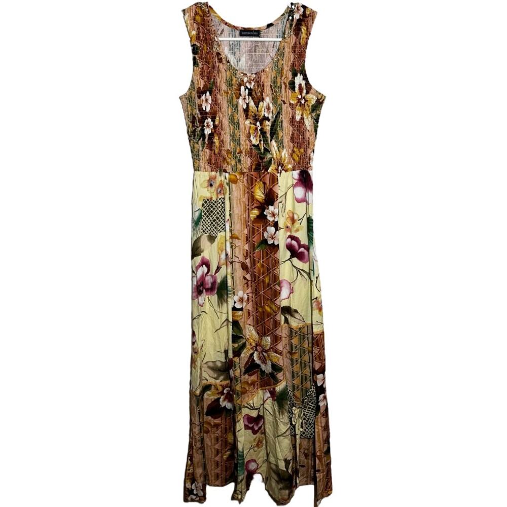 Boston Proper Maxi Dress Sundress Mixed Media Floral Print Smocked Brown XS - Picture 2 of 6
